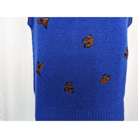 Vintage 80s Sweater Vest Blue Wool Teddy Bears Sleeveless Misses Size M - Picture 5 of 9